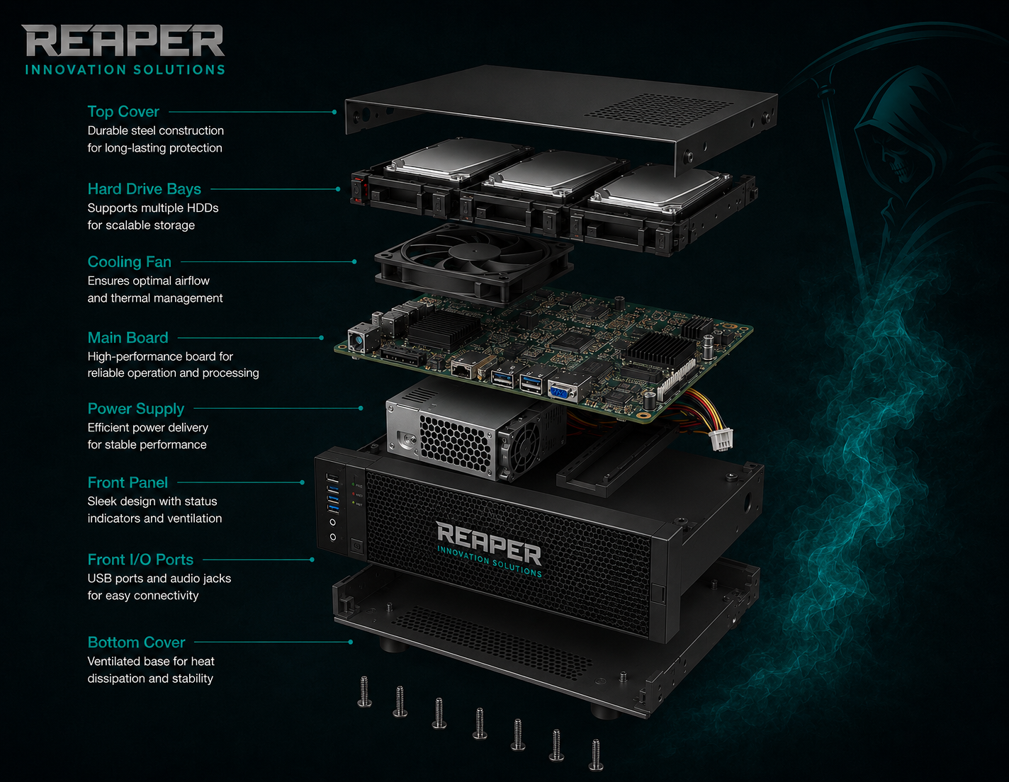 Exploded view of a REAPER network video recorder with hard drive bays
